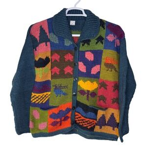 Vintage Winter House Sweater Cardigan Womens Small Patchwork Cotton Knit Cottage
